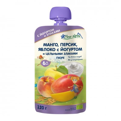 Puré infantil de mango, melocotón y manzana con yogur Orgánico 6m+